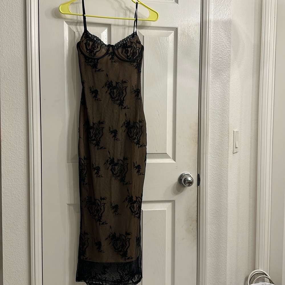 Meshki Sheer Black Embroidered Midi Slip Dress